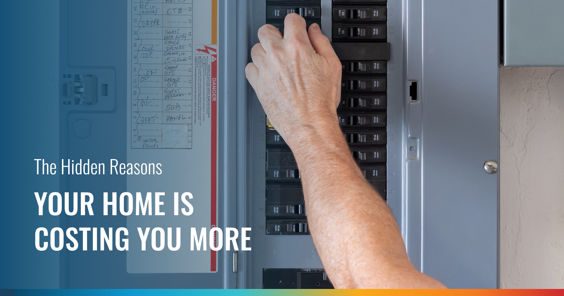 A person's hand reaches to adjust a circuit breaker in an electrical panel. The image is titled, "The Hidden Reasons YOUR HOME IS COSTING YOU MORE," highlighting potential energy inefficiencies.