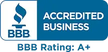 BBB Accredited Business logo with “BBB Rating: A+” displayed in white text on a blue background.