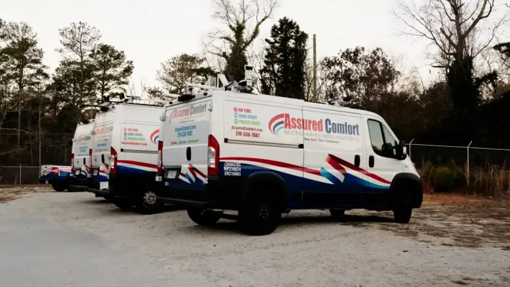 Three Assured Comfort service vans are parked in a gravel lot beside a chain-link fence, with trees and cloudy skies in the background—a scene that captures what we’re all about: reliable service and a commitment to our community. Visit our About Us page to learn more.