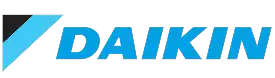 Daikin logo with a blue and black diagonal shape to the left of the company name in blue uppercase letters on a light background.