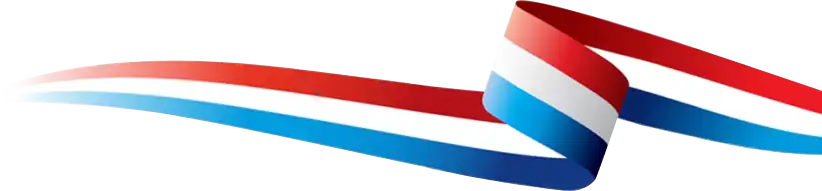 A curled ribbon with red, white, and blue stripes on a light background.