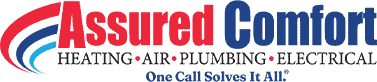 Assured Comfort logo with red, white, and blue swoosh and tagline: Heating, Air, Plumbing, Electrical. One Call Solves It All.
